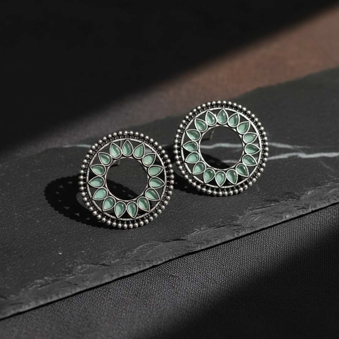 Oxidized Silver Mandala Stud Earrings with Multi-Color Stone Inlay | Ethnic Round Jhumka