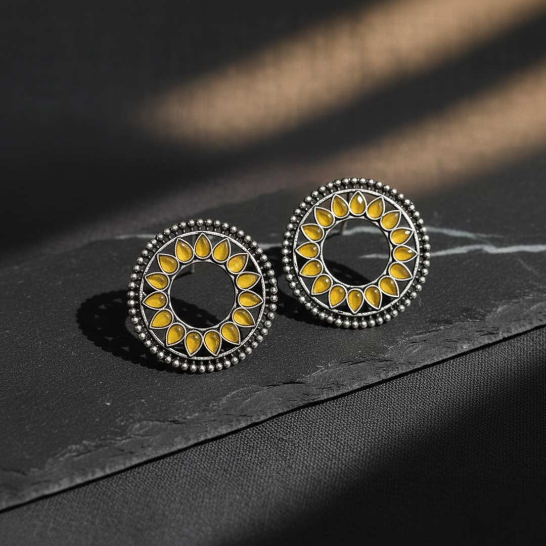 Oxidized Silver Mandala Stud Earrings with Multi-Color Stone Inlay | Ethnic Round Jhumka