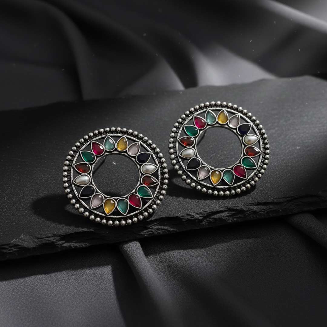 Oxidized Silver Mandala Stud Earrings with Multi-Color Stone Inlay | Ethnic Round Jhumka