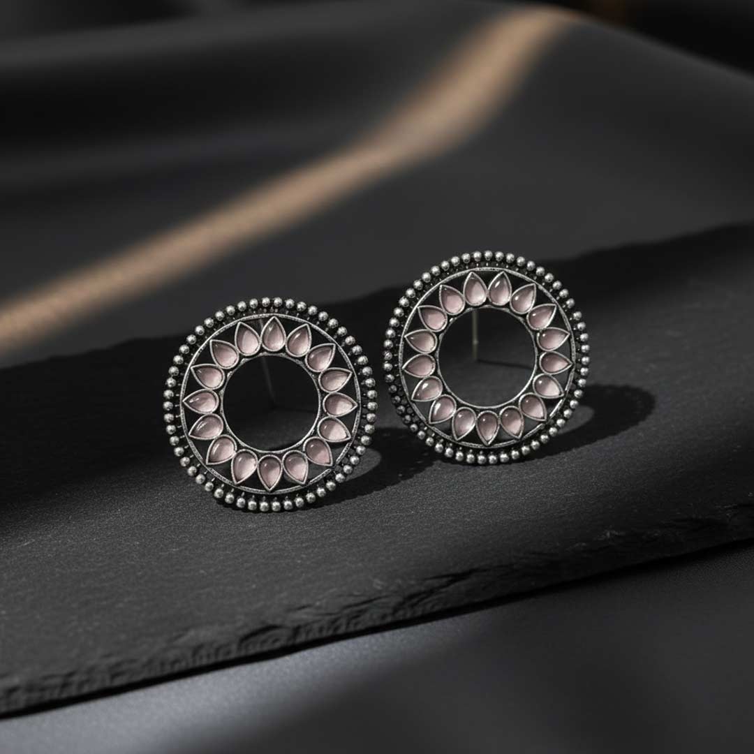 Oxidized Silver Mandala Stud Earrings with Multi-Color Stone Inlay | Ethnic Round Jhumka
