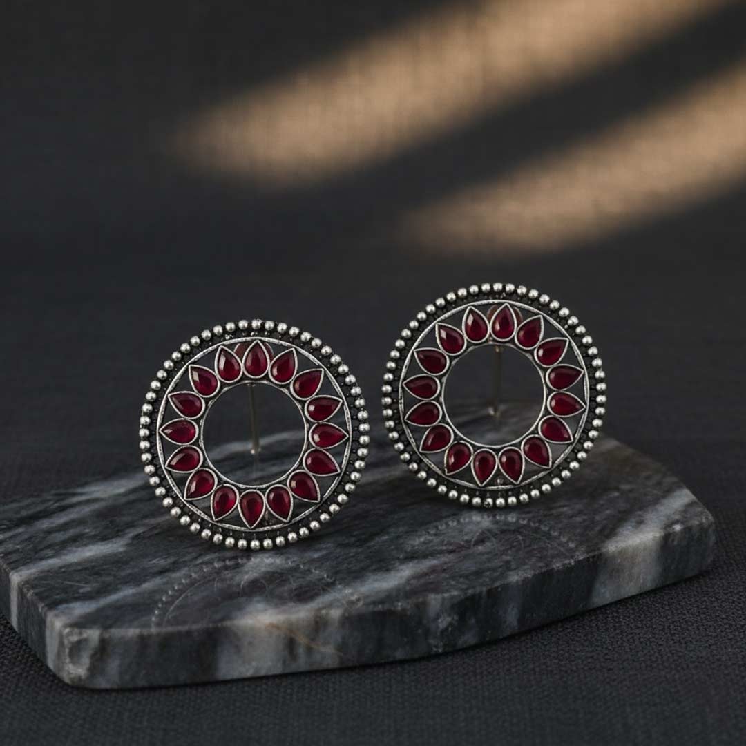 Oxidized Silver Mandala Stud Earrings with Multi-Color Stone Inlay | Ethnic Round Jhumka