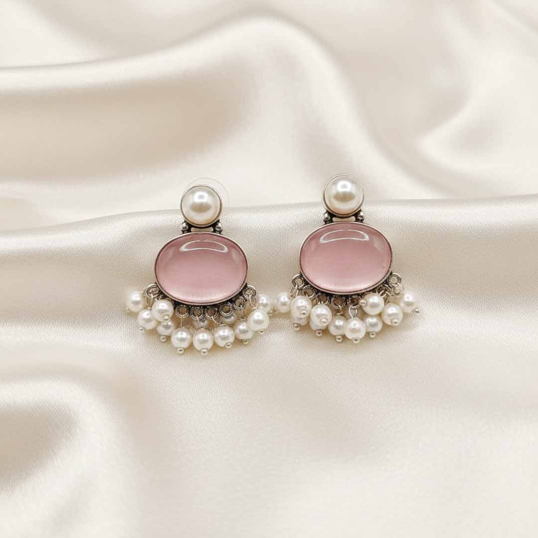 Oxidized Silver-Plated Oval Cabochon Stud Earrings with Pearl Dangler Fringe