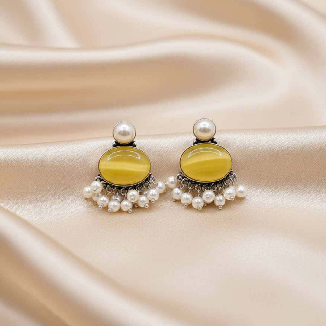 Oxidized Silver-Plated Oval Cabochon Stud Earrings with Pearl Dangler Fringe