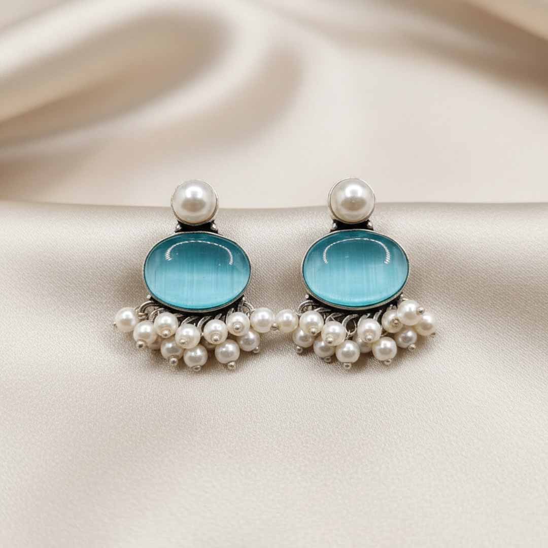 Oxidized Silver-Plated Oval Cabochon Stud Earrings with Pearl Dangler Fringe