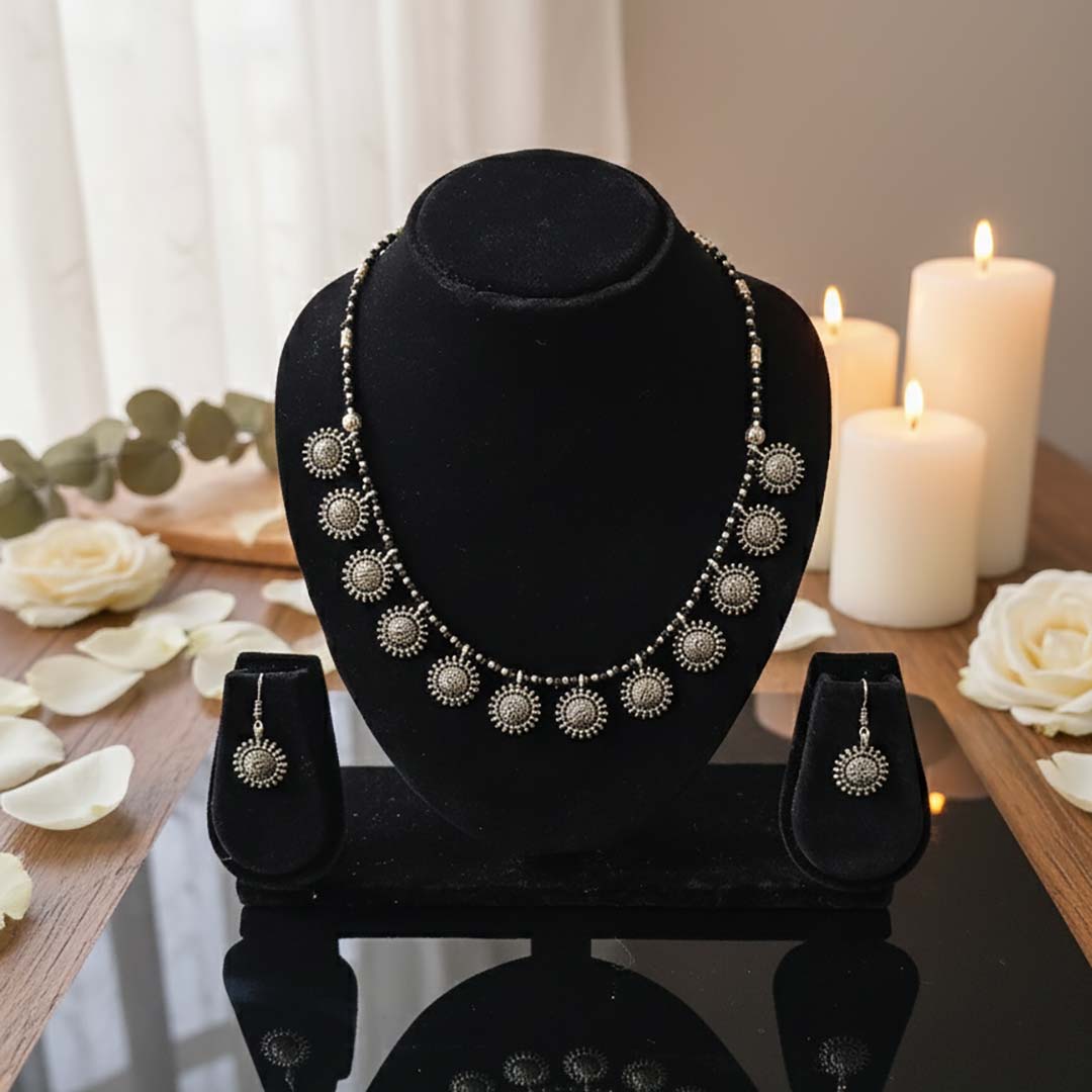 Oxidized Silver Sunburst Medallion Necklace and Earrings Set