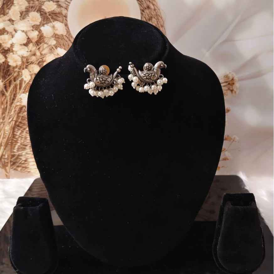 Oxidized Silver Bird Stud Earrings with Pearl Drops