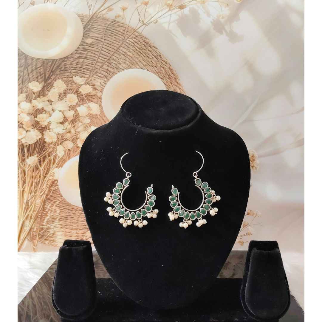 Oxidized Silver Chandbali Earrings with Green Stones & Pearls