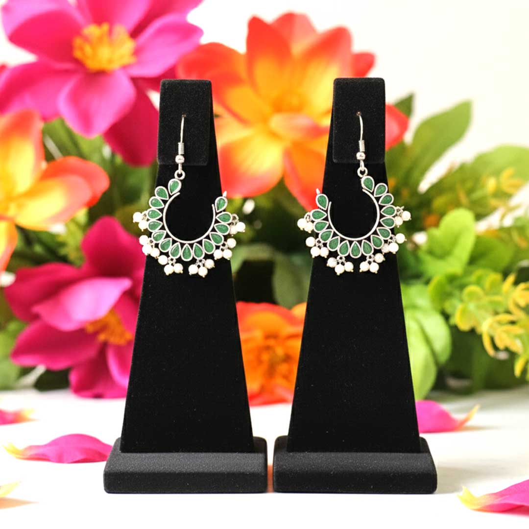 Oxidized Silver Chandbali Earrings with Green Stones & Pearls