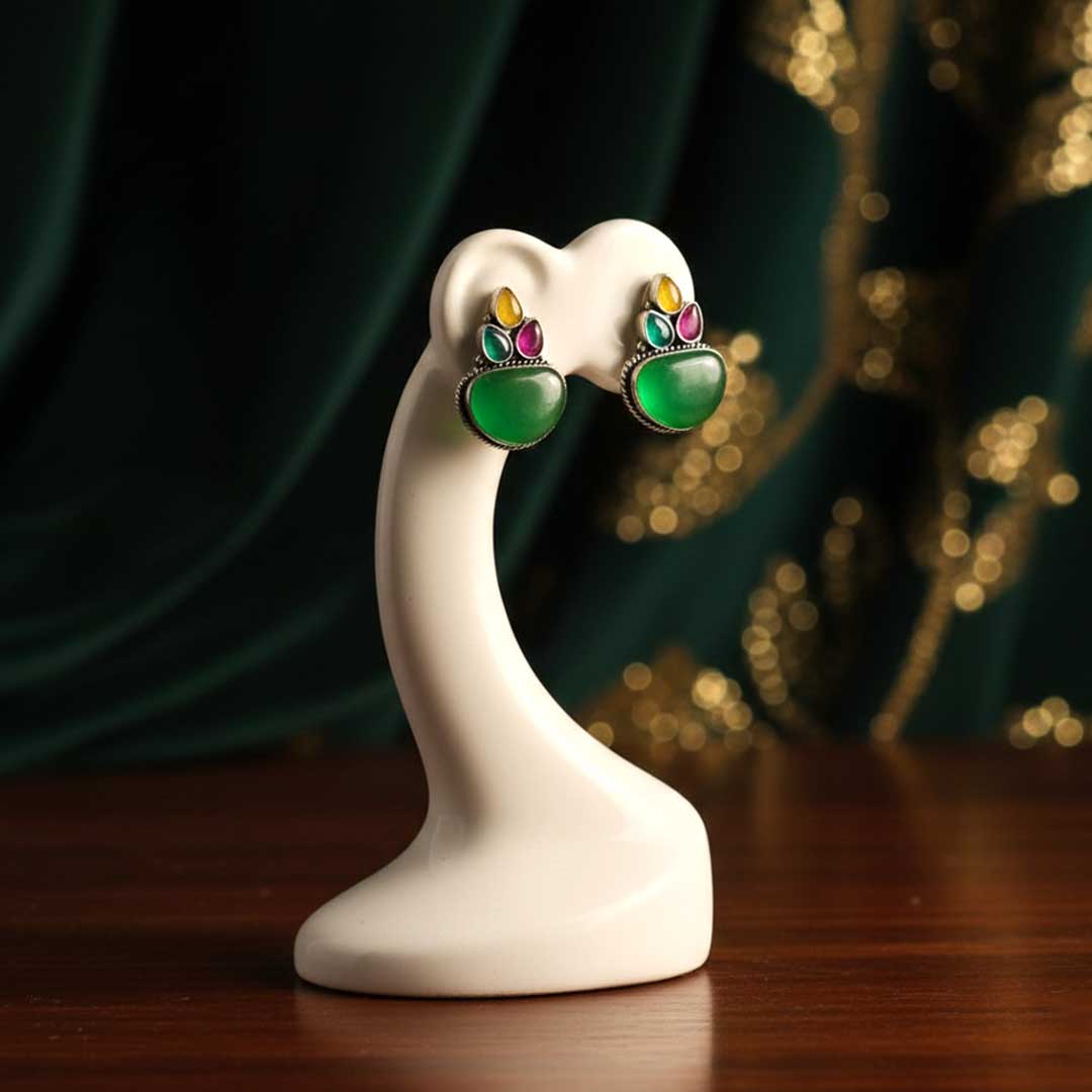 Vibrant Oxidized Silver Earrings with Green Stone and Enamel Accents