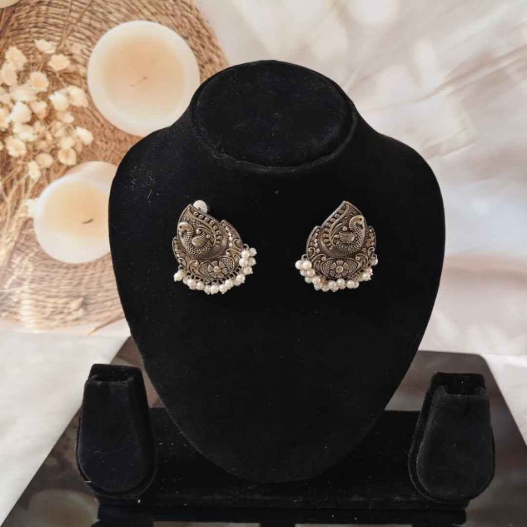 Oxidized Silver Ganesha Motif Stud Earrings