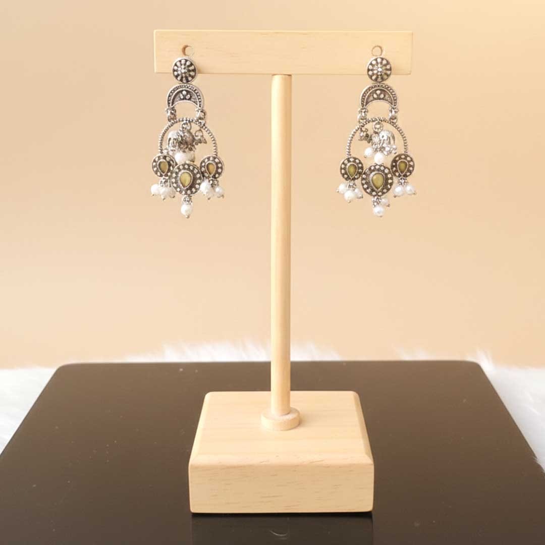 Pair of earrings on a wooden stand against a beige background