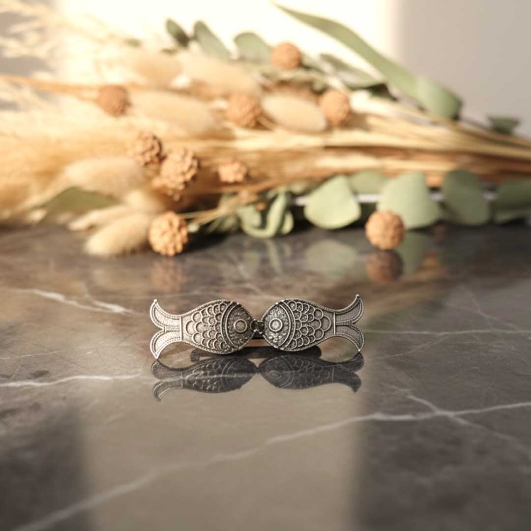 Oxidized Silver Kissing Fish Brooch/Saree Pin