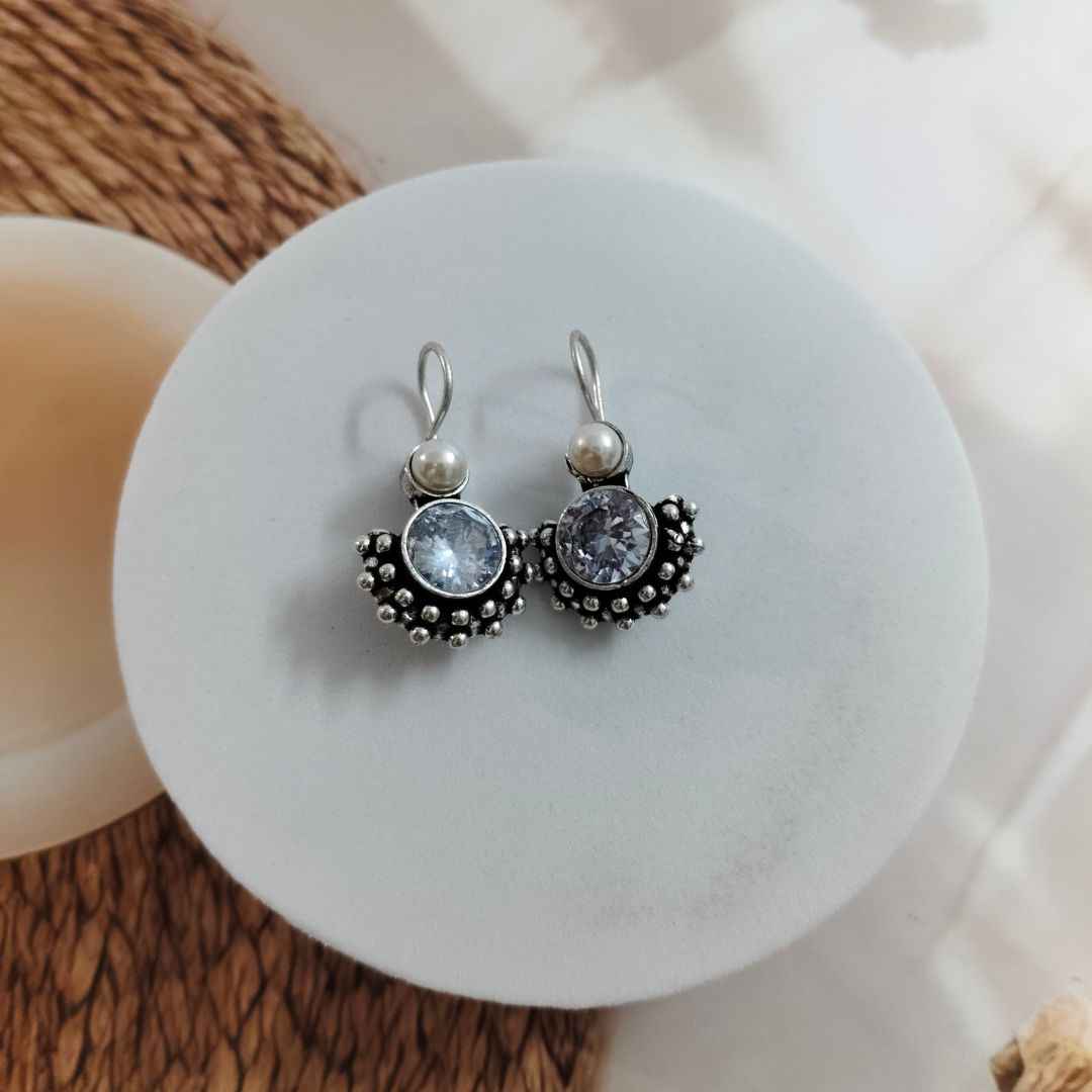 Oxidized Silver-Tone Jhumka Earrings with Gemstone and Pearl Accent | Ethnic Dangler Jewelry