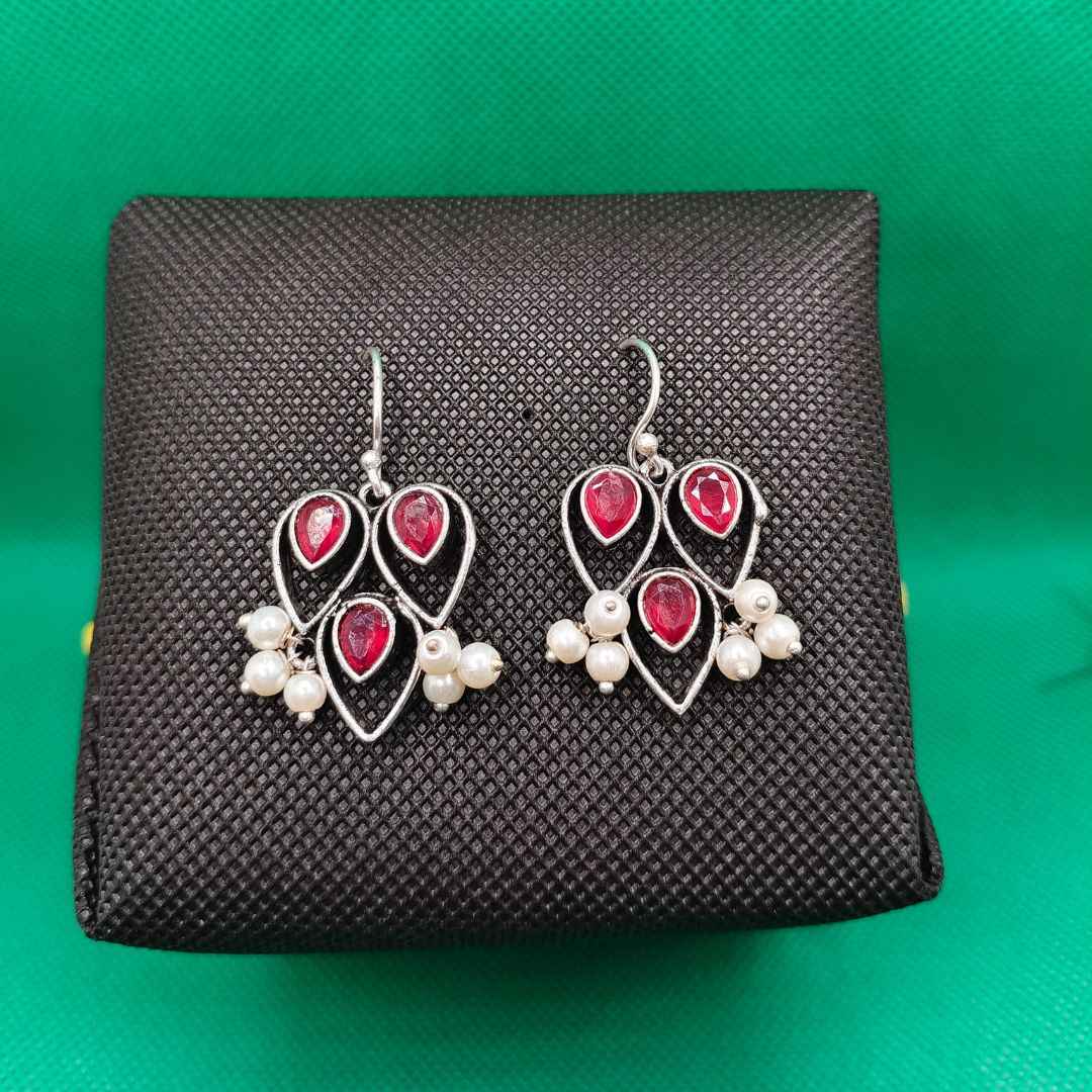 Oxidized Silver-Plated Leaf Cluster Drop Earrings with Colored Stone & Pearl Accents