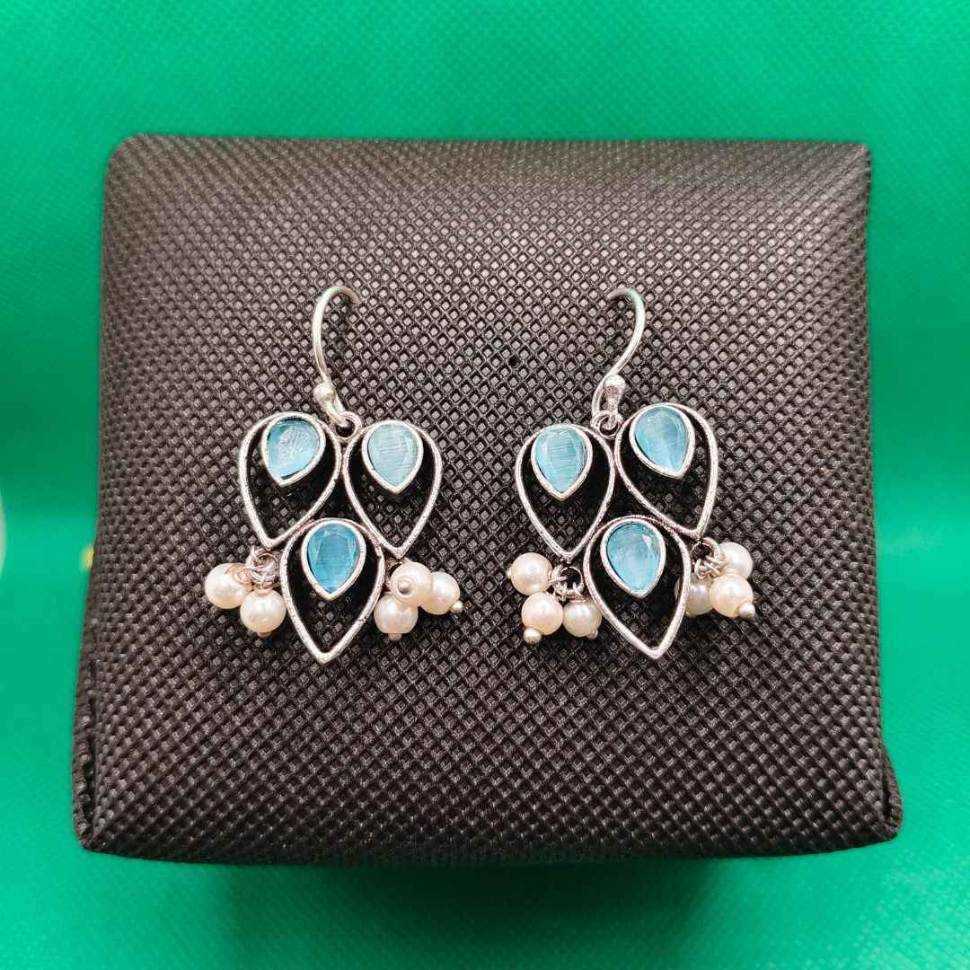 Oxidized Silver-Plated Leaf Cluster Drop Earrings with Colored Stone & Pearl Accents