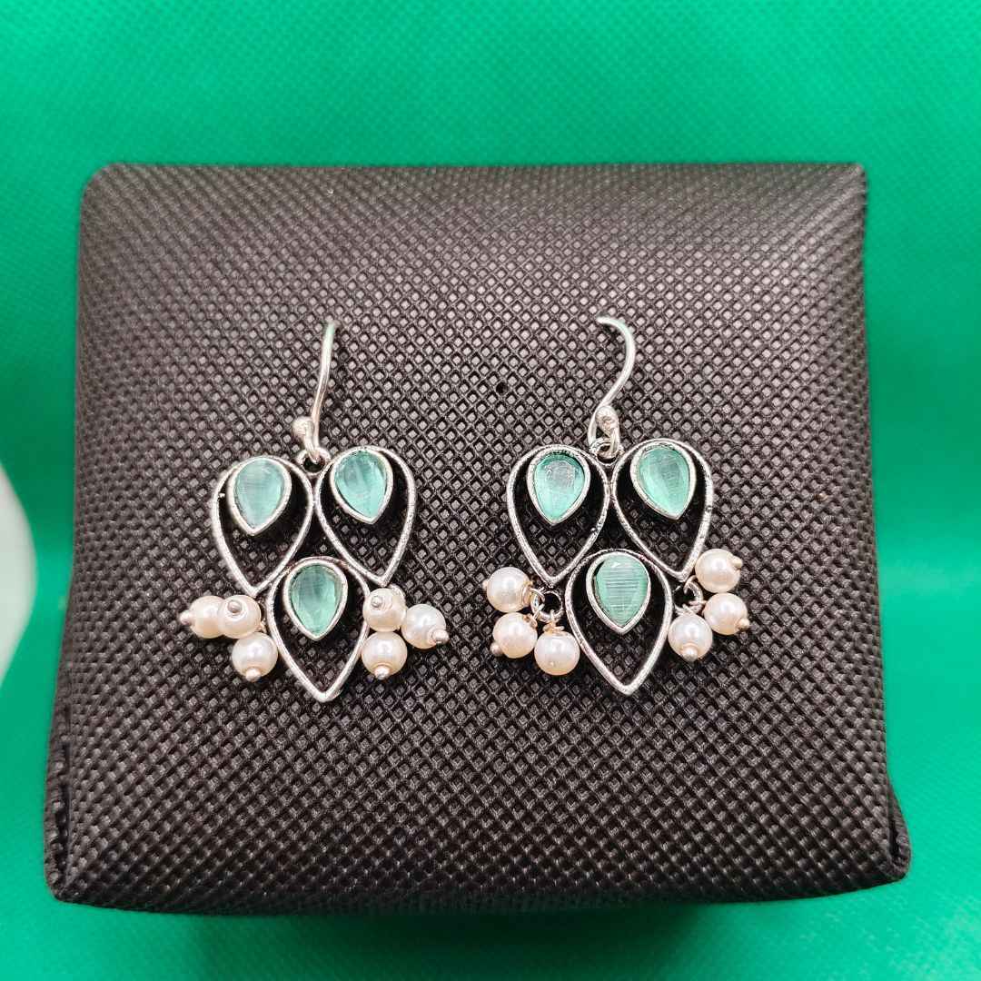 Oxidized Silver-Plated Leaf Cluster Drop Earrings with Colored Stone & Pearl Accents