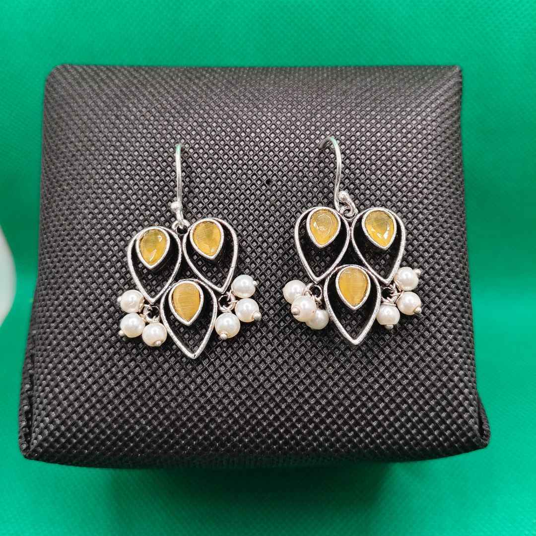 Oxidized Silver-Plated Leaf Cluster Drop Earrings with Colored Stone & Pearl Accents