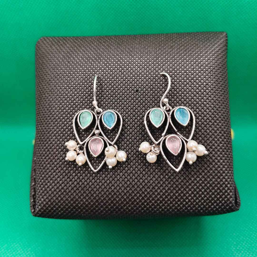 Oxidized Silver-Plated Leaf Cluster Drop Earrings with Colored Stone & Pearl Accents