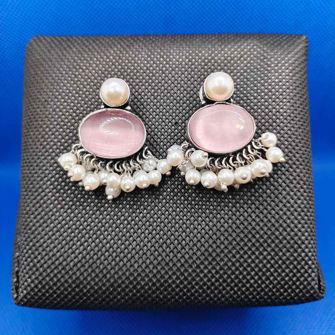 Oxidized Silver-Plated Oval Cabochon Stud Earrings with Pearl Dangler Fringe