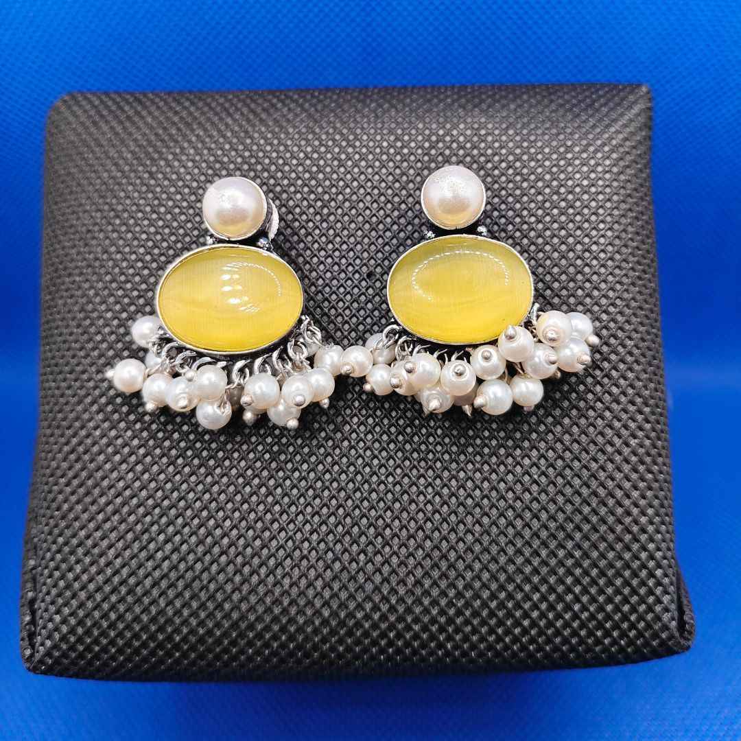 Oxidized Silver-Plated Oval Cabochon Stud Earrings with Pearl Dangler Fringe