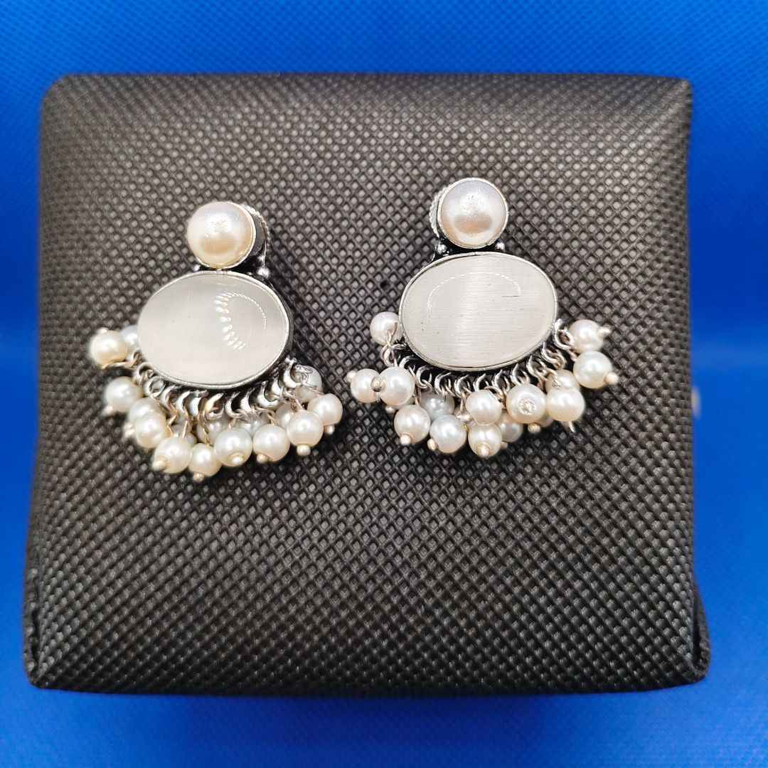 Oxidized Silver-Plated Oval Cabochon Stud Earrings with Pearl Dangler Fringe