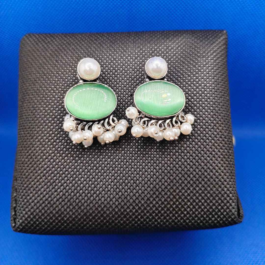 Oxidized Silver-Plated Oval Cabochon Stud Earrings with Pearl Dangler Fringe