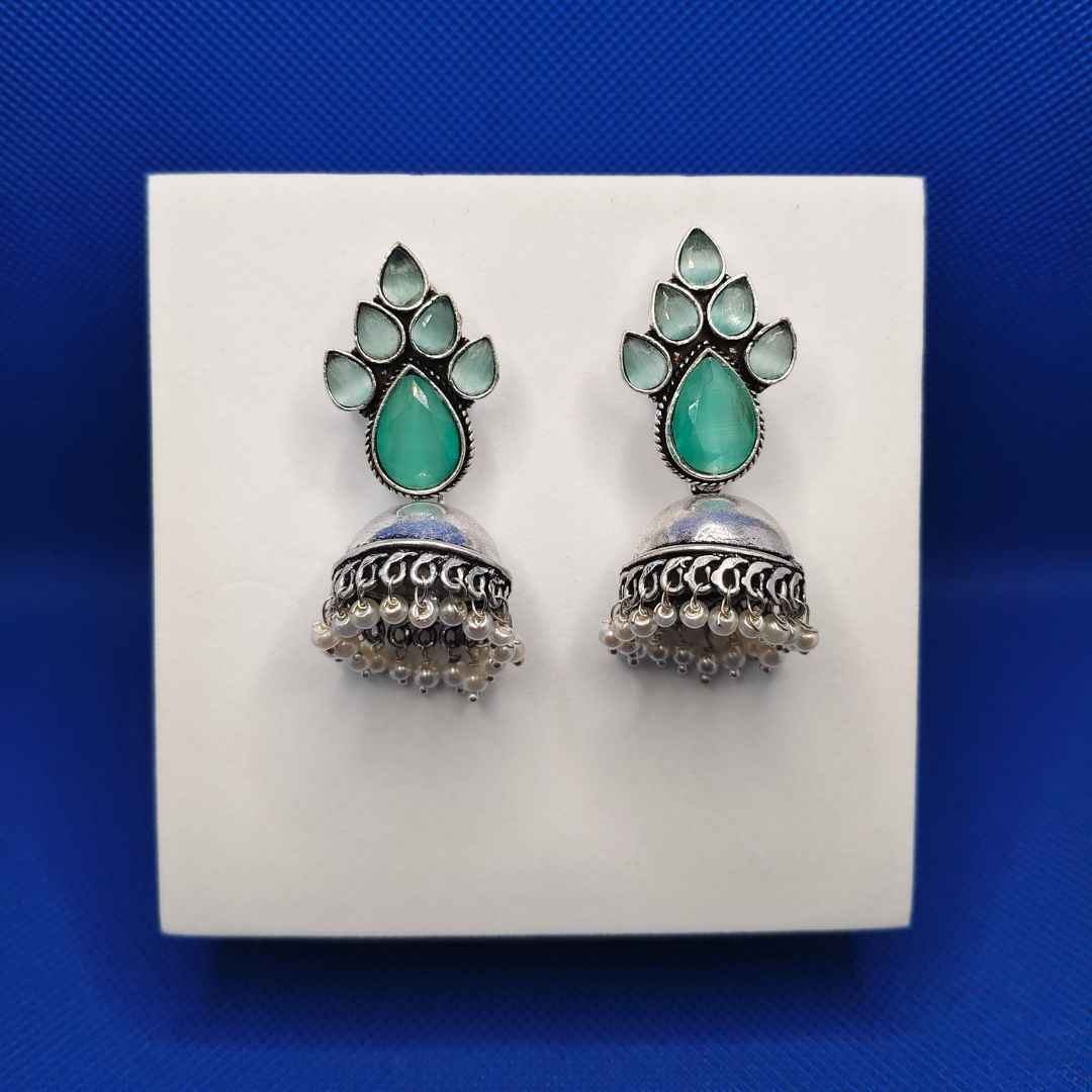 Oxidized Silver-Tone Jhumka Earrings with Colored Stone & Pearl Drops