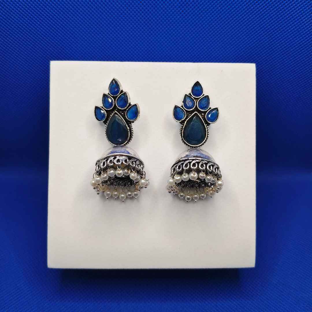 Oxidized Silver-Tone Jhumka Earrings with Colored Stone & Pearl Drops