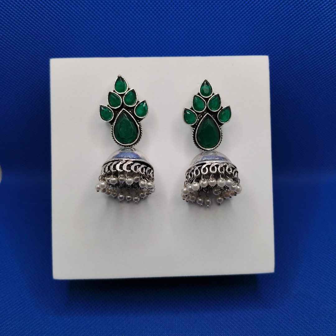 Oxidized Silver-Tone Jhumka Earrings with Colored Stone & Pearl Drops