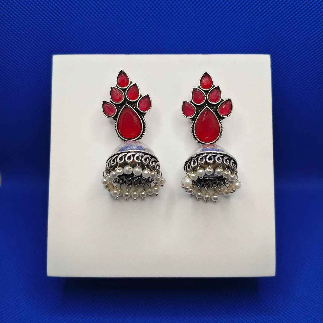 Oxidized Silver-Tone Jhumka Earrings with Colored Stone & Pearl Drops