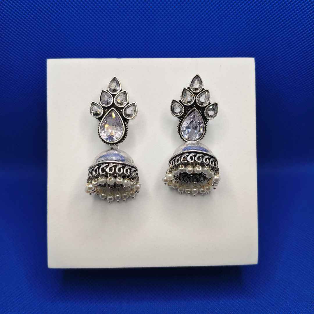 Oxidized Silver-Tone Jhumka Earrings with Colored Stone & Pearl Drops
