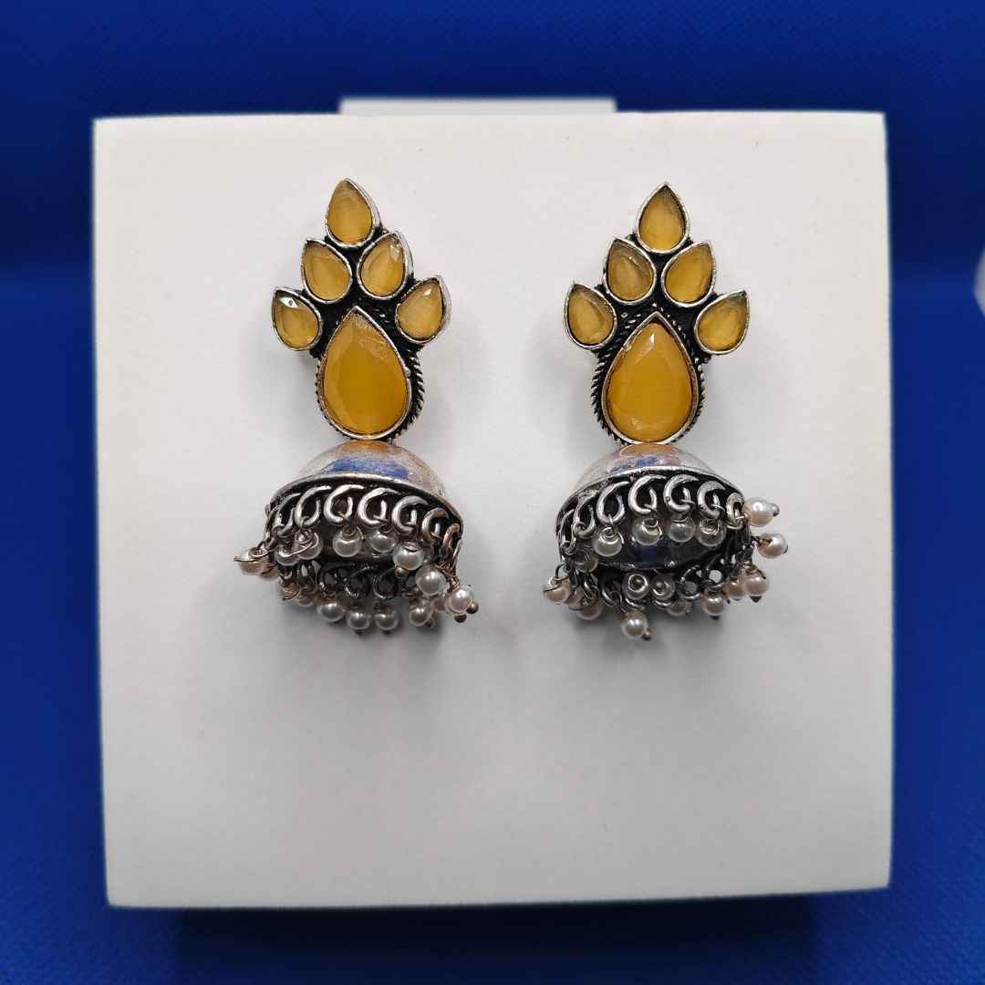 Oxidized Silver-Tone Jhumka Earrings with Colored Stone & Pearl Drops