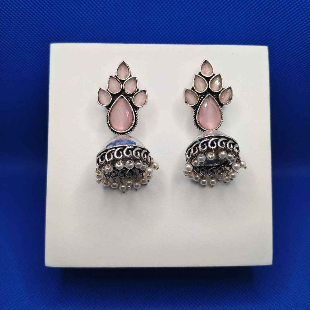 Oxidized Silver-Tone Jhumka Earrings with Colored Stone & Pearl Drops