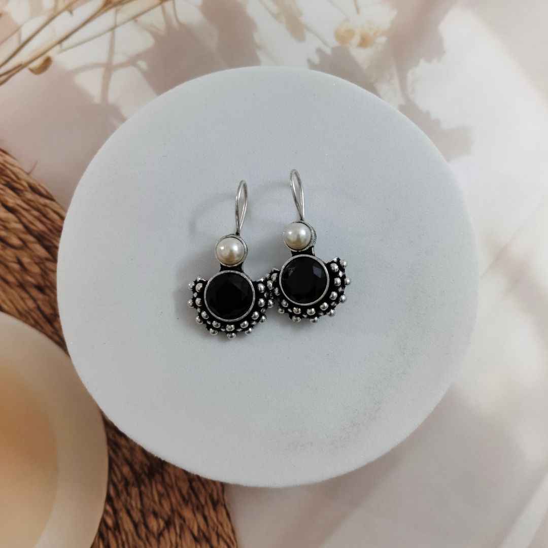 Oxidized Silver-Tone Jhumka Earrings with Gemstone and Pearl Accent | Ethnic Dangler Jewelry