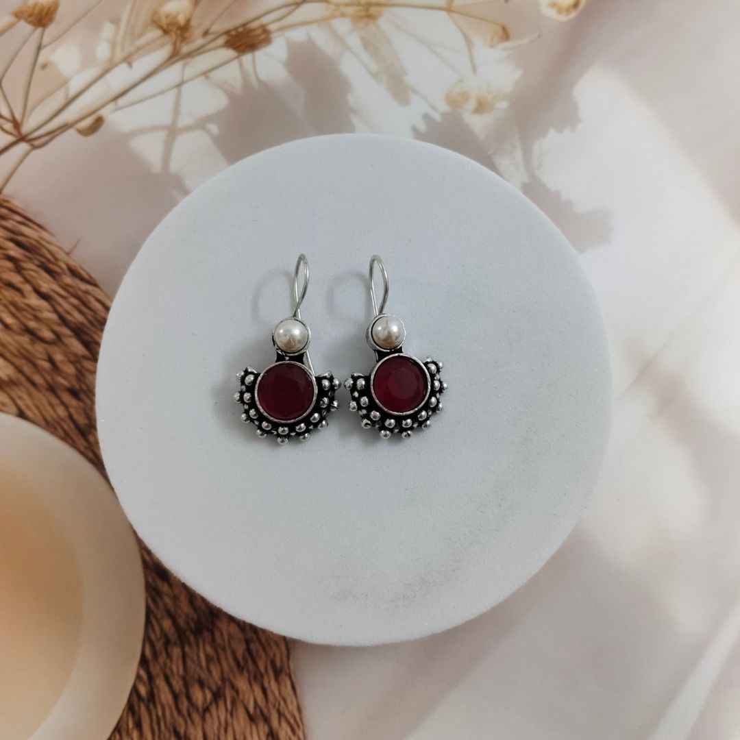 Oxidized Silver-Tone Jhumka Earrings with Gemstone and Pearl Accent | Ethnic Dangler Jewelry