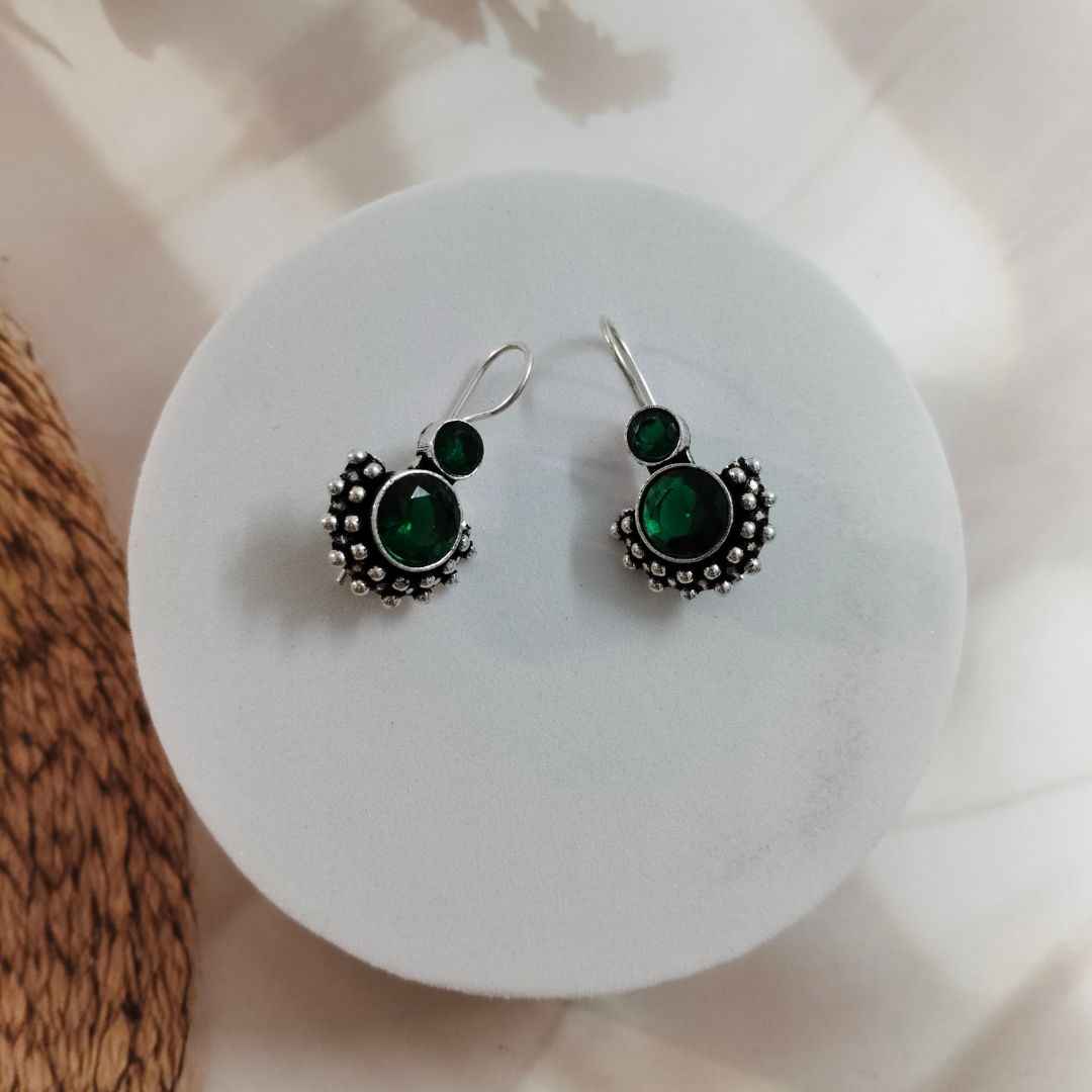 Oxidized Silver-Tone Jhumka Earrings with Gemstone and Pearl Accent | Ethnic Dangler Jewelry