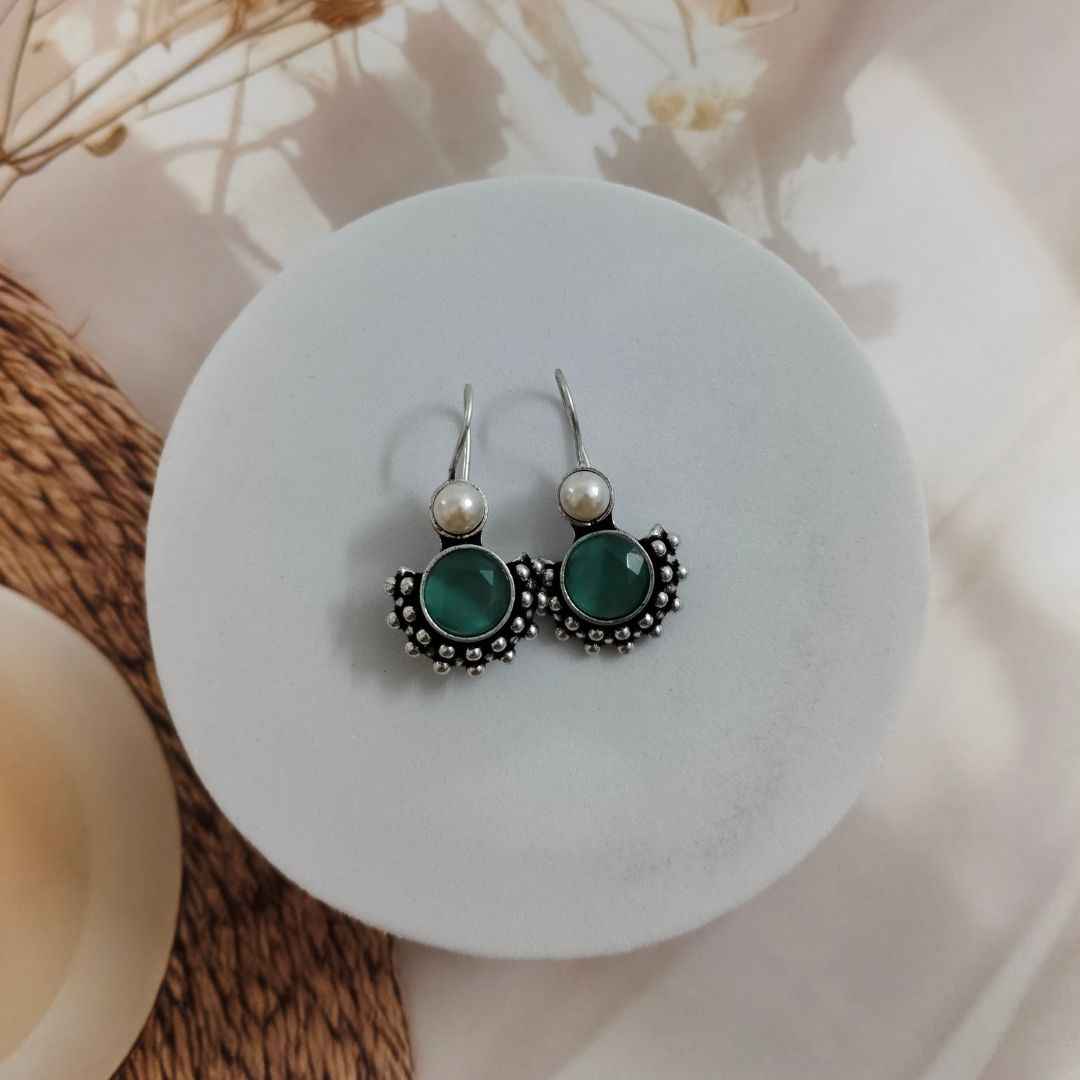 Oxidized Silver-Tone Jhumka Earrings with Gemstone and Pearl Accent | Ethnic Dangler Jewelry