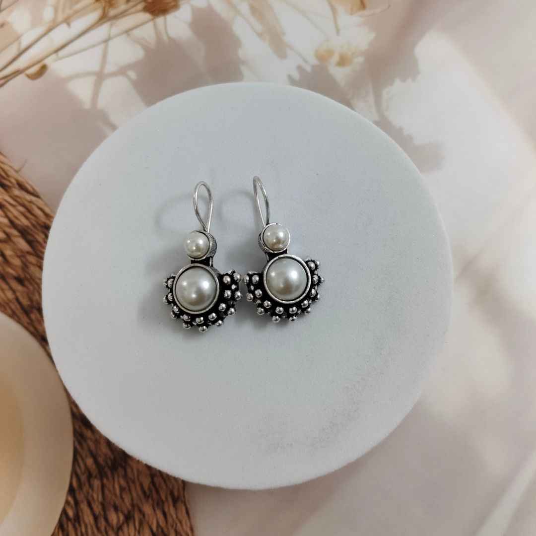 Oxidized Silver-Tone Jhumka Earrings with Gemstone and Pearl Accent | Ethnic Dangler Jewelry