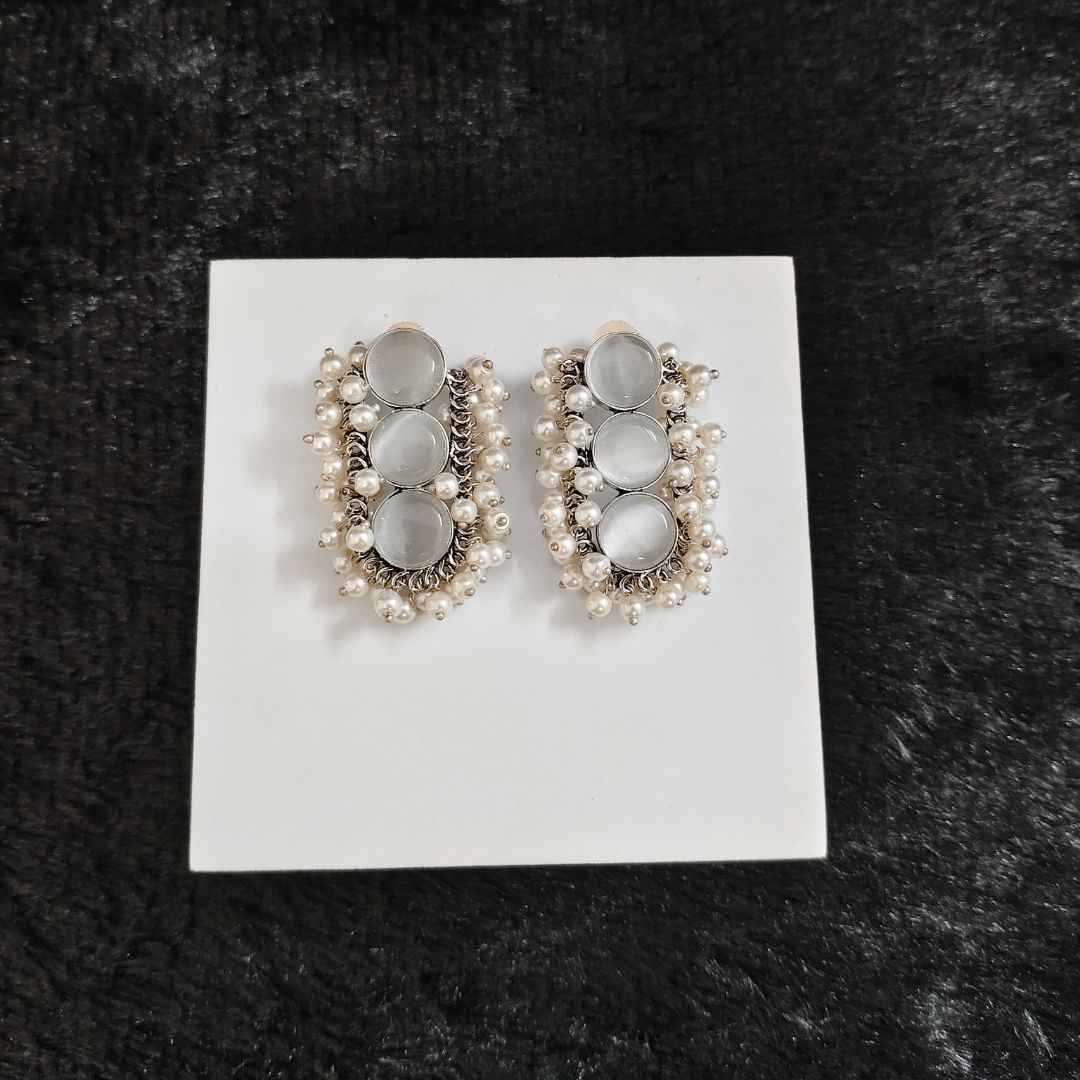 Oxidized Triple Cat Eye Stone Stud Earrings with Pearl Cluster Detailing