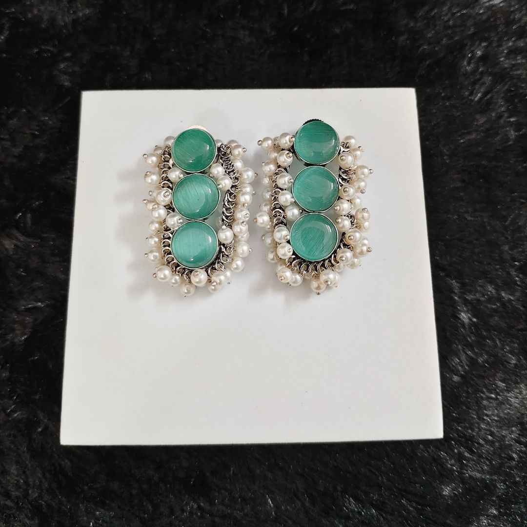 Oxidized Triple Cat Eye Stone Stud Earrings with Pearl Cluster Detailing