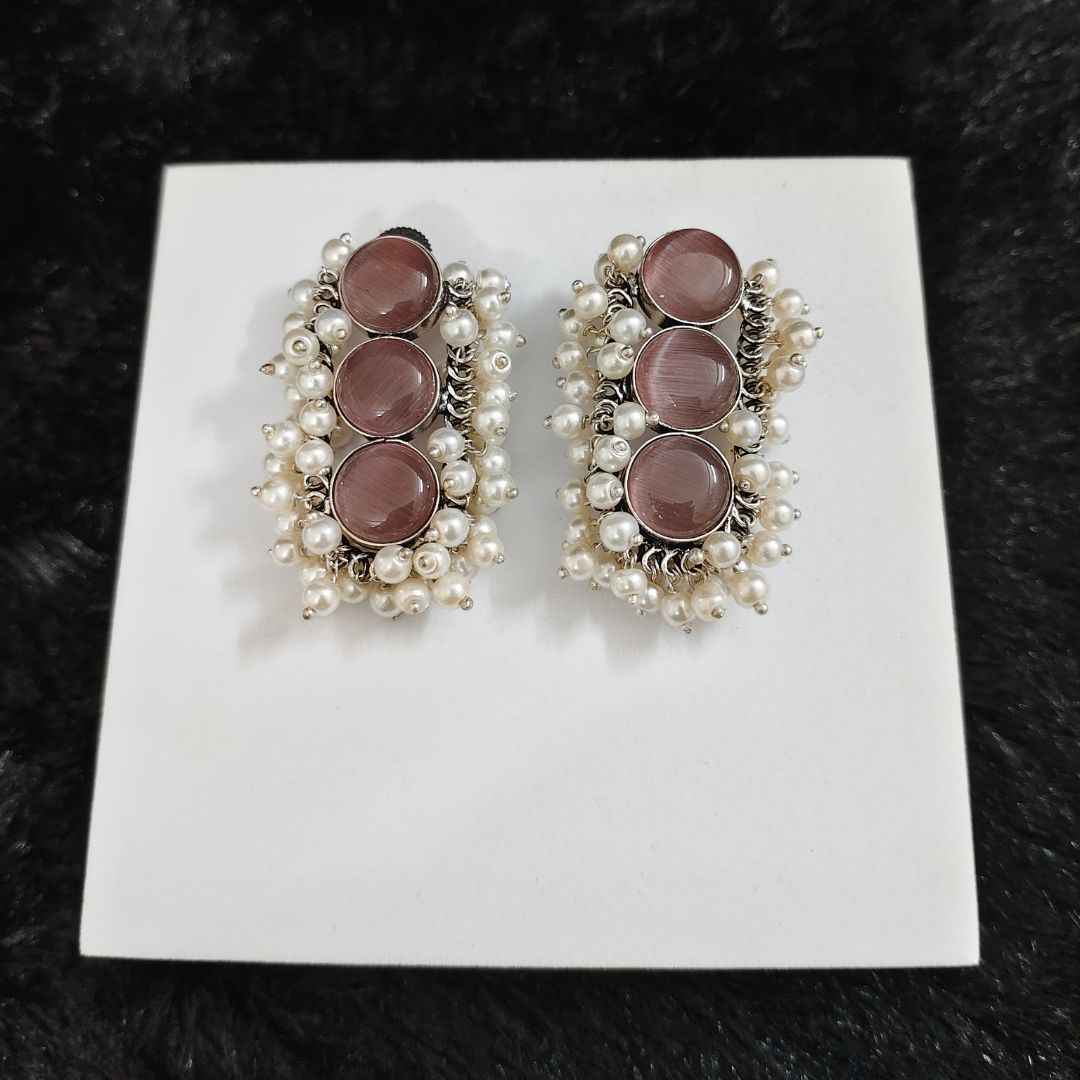 Oxidized Triple Cat Eye Stone Stud Earrings with Pearl Cluster Detailing