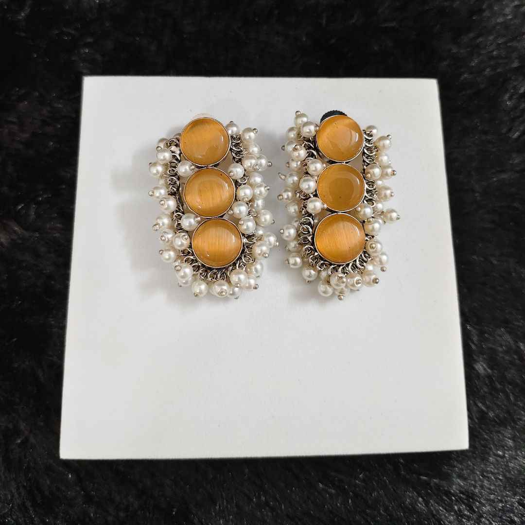 Oxidized Triple Cat Eye Stone Stud Earrings with Pearl Cluster Detailing
