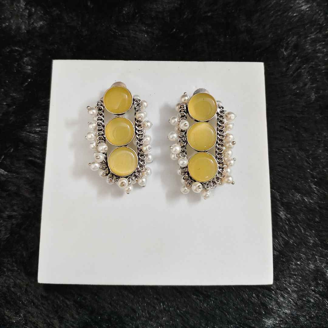 Oxidized Triple Cat Eye Stone Stud Earrings with Pearl Cluster Detailing