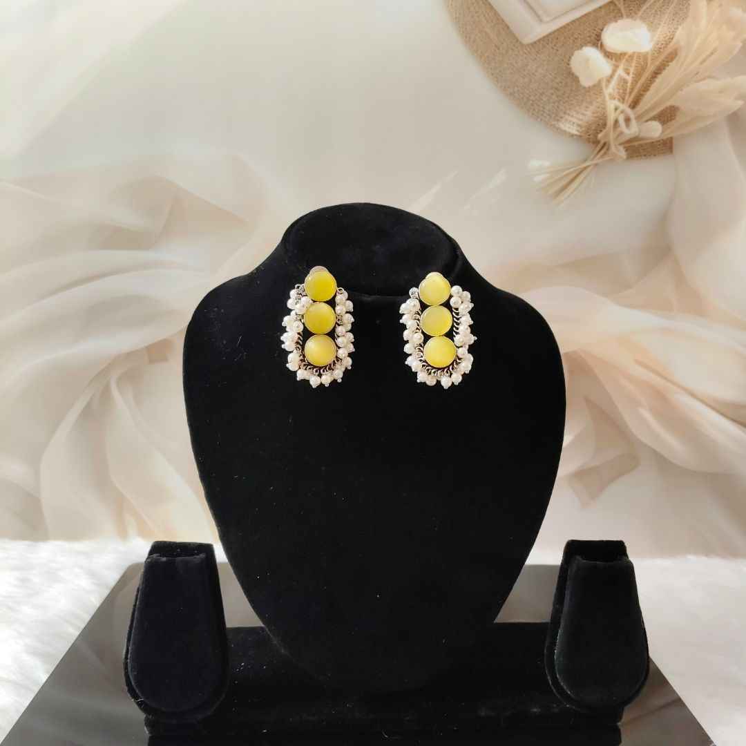 Oxidized Triple Cat Eye Stone Stud Earrings with Pearl Cluster Detailing