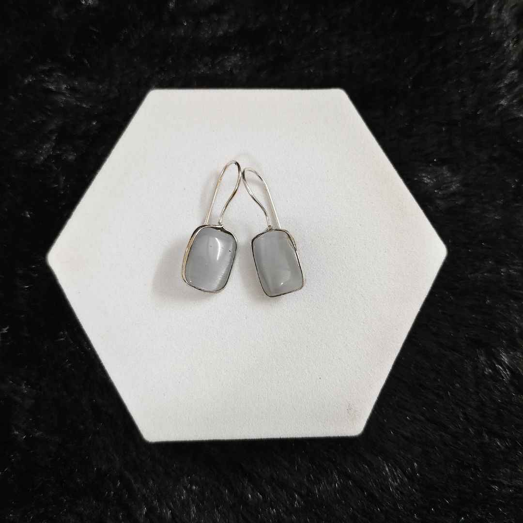 Rectangular Grey Cat's Eye Stone Drop Earrings