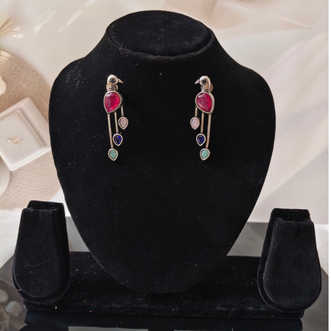 Oxidized Silver Bird Dangle Earrings with Multi-Color Stones