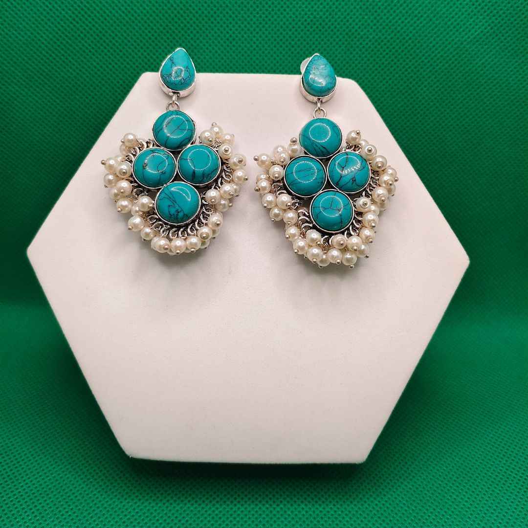 Statement Stone & Pearl Drop Earrings | Oxidized Silver Finish