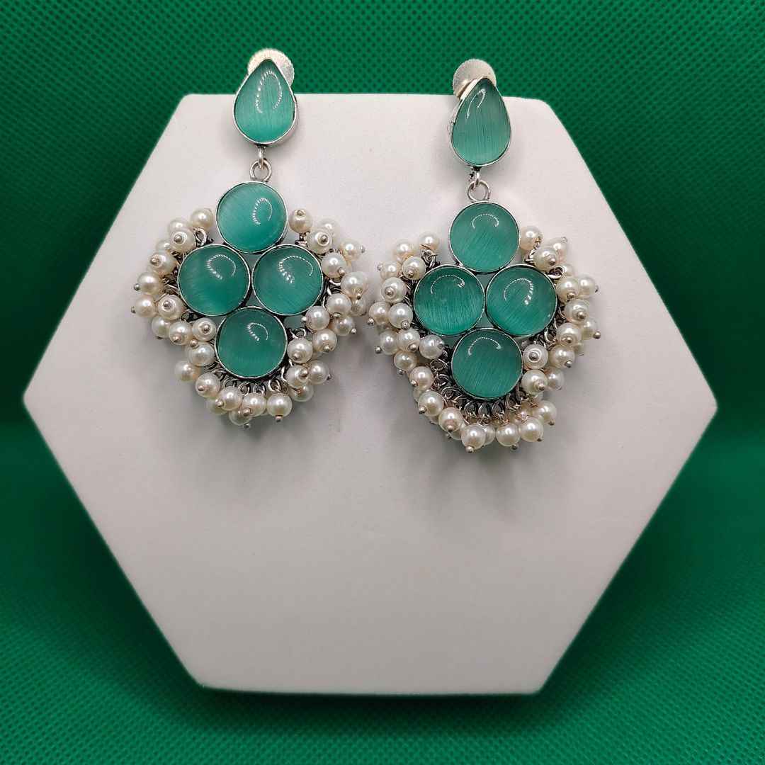 Statement Stone & Pearl Drop Earrings | Oxidized Silver Finish