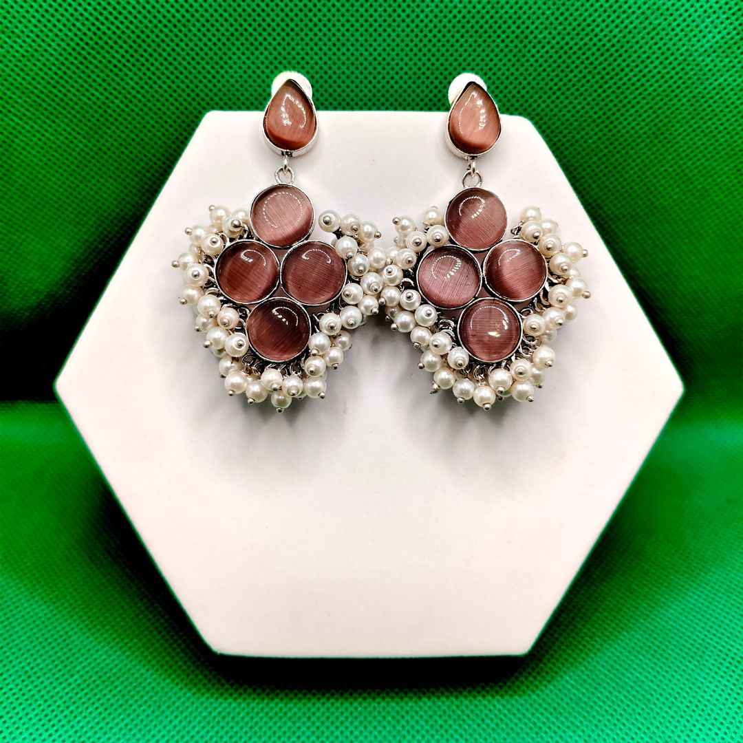 Statement Stone & Pearl Drop Earrings | Oxidized Silver Finish