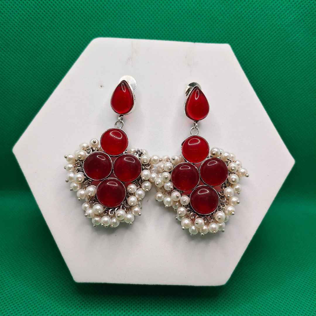 Statement Stone & Pearl Drop Earrings | Oxidized Silver Finish